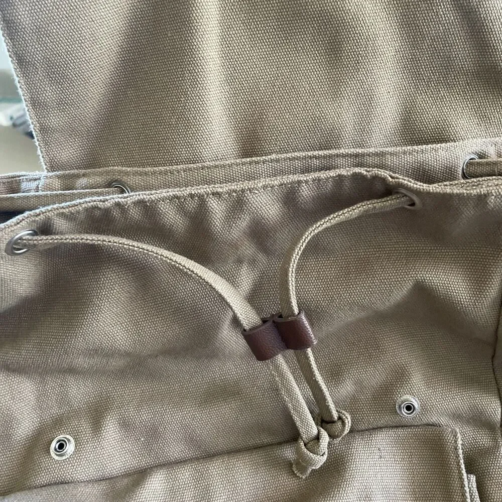 BELLA RUSSO Backpack Unisex Khaki Brown Canvas‎ Drawstring Snap Zippered Pockets
